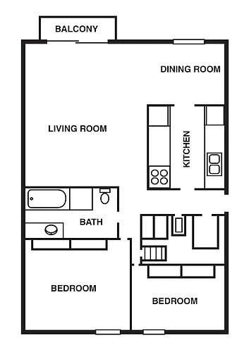 Floor plan 2 Bedroom/1 Bathroom with Woodgrain Floors