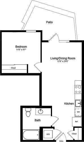 Floor plan 1 Bedroom B with Patio