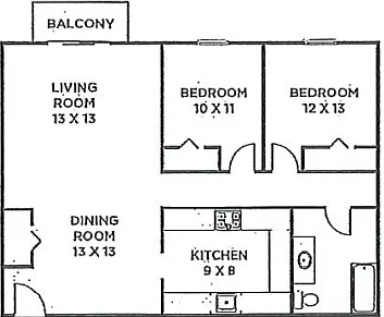 Floor plan Edgewood Terrace 2 bedroom 888 SqFt