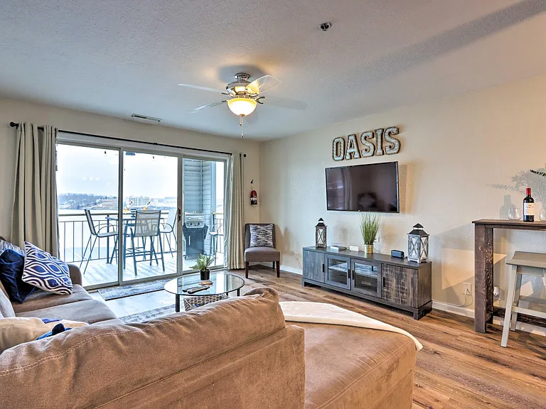 Spacious living room with couch, cable and amazing view of the main channel