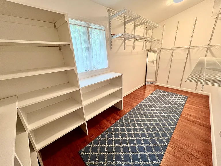Primary Closet (with built-in shelving). New area rug.