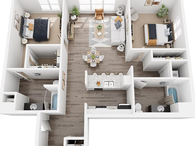 Charming 3D floor plan showcasing 2 bedrooms, stylish open-plan living and dining area, modern kitchen with breakfast bar, and elegant wood flooring. Charming 3D floor plan showcasing 2 bedrooms, stylish open-plan living and dining area, modern kitchen wi