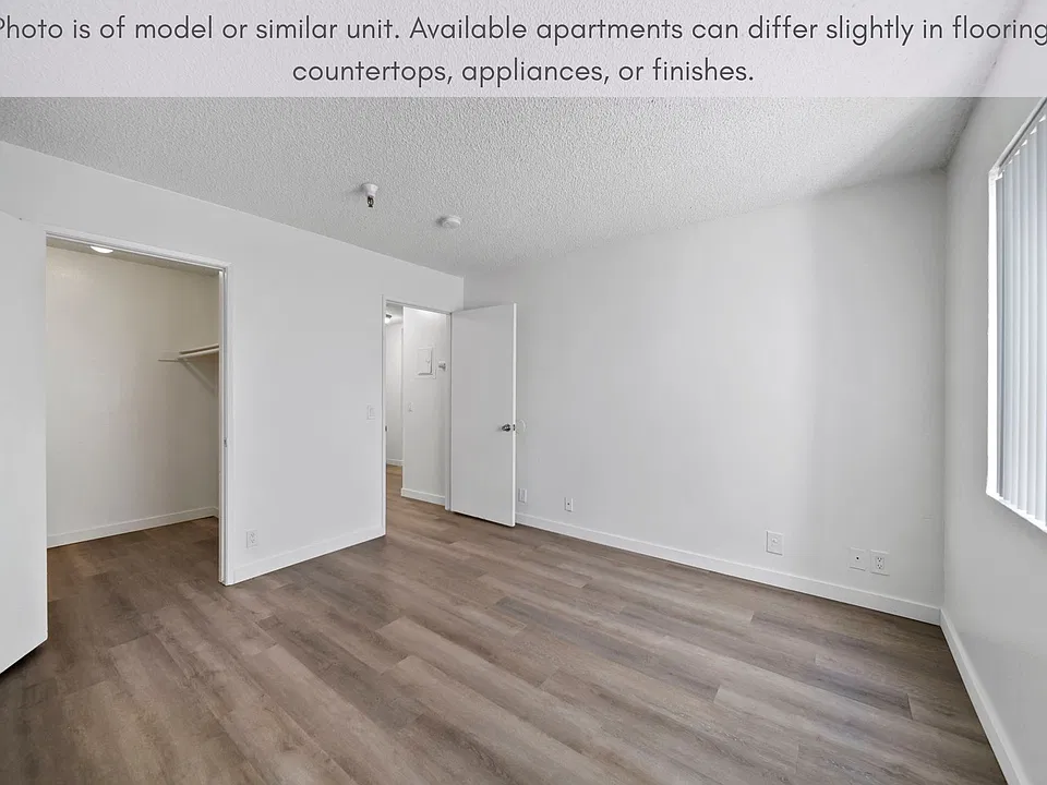 Comfortable bedroom with modern flooring, a walk-in closet, and plenty of natural light.