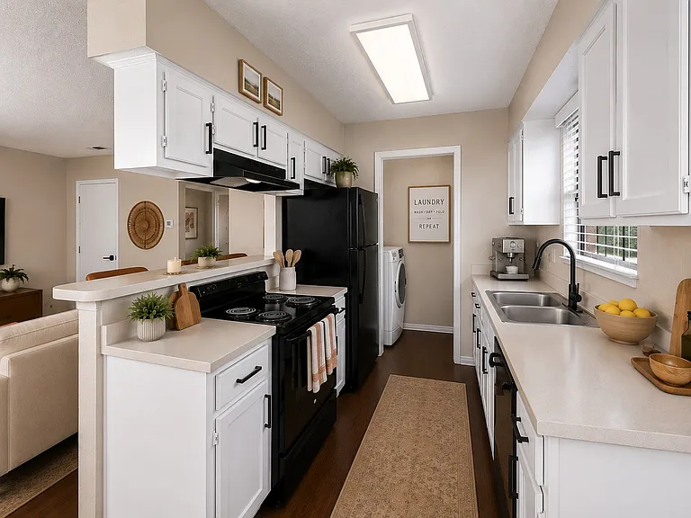Kitchen _ Galley kitchen with ample counter space and a dedicated laundry room with W/D connections only