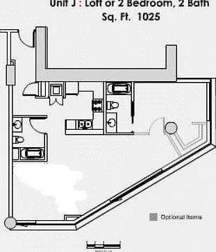 Two bedroom floor plan with one bedroom enclosed