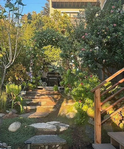Stairs to front door on the right. Looking towards the back yard with flowering arbor.