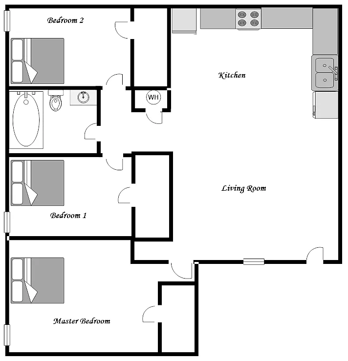 Floor plan 3-bedroom 1-bath