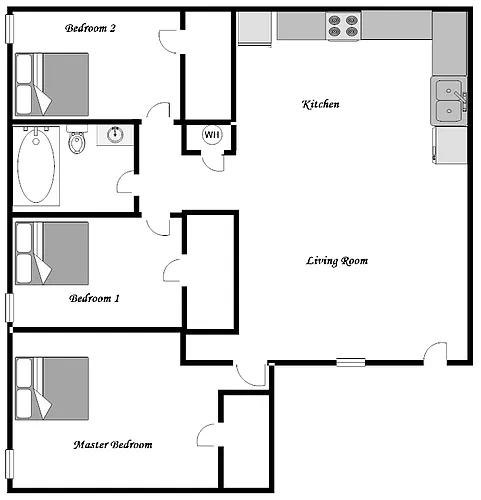 Floor plan 3-bedroom 1-bath