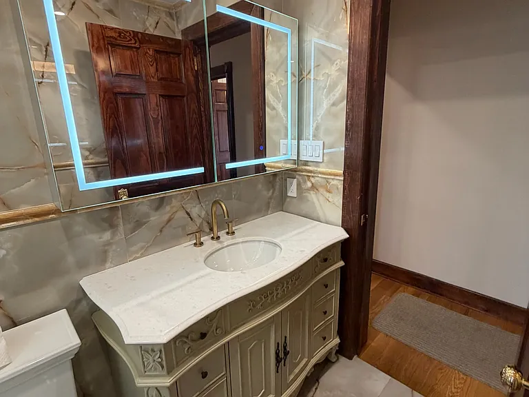 bathroom - 48inch marble top vanity, lit medicine cabinet