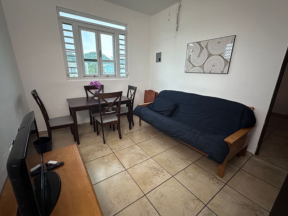 Comfortable living room area with dining table for 4, a futon that converts to a full bed, and TV with Roku.