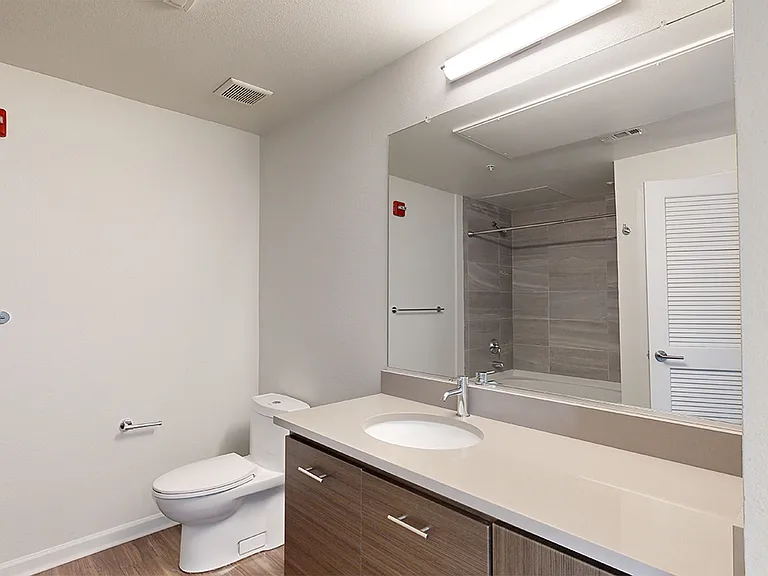 Apartment bathroom with large soaking tub and wood-style flooring.