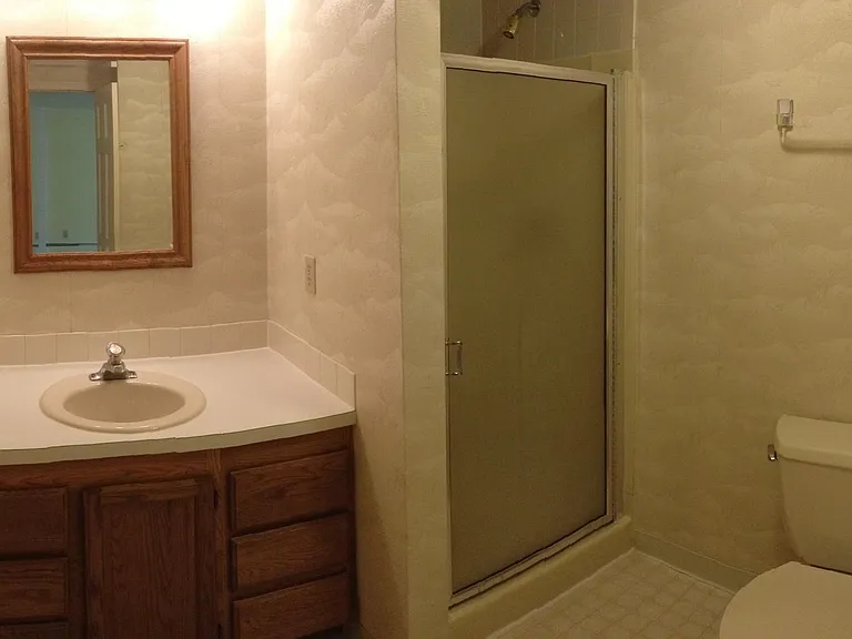 3/4 bath with new shower, new vinyl flooring, new fixtures, floor to ceiling shelves beside new toilet