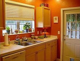 warm kitchen, window overlooking backyard, side door goes out to back patio.