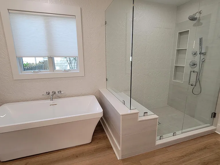 60 Inch Free-Standing Tub, Shower with Bench & Hand Held Sprayer, All New Fixtures