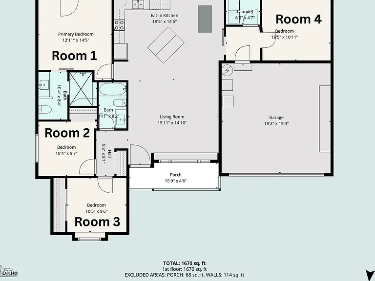 Open-concept layout with a large living room and eat-in kitchen, plus four bedrooms, two baths, and on-site laundry.