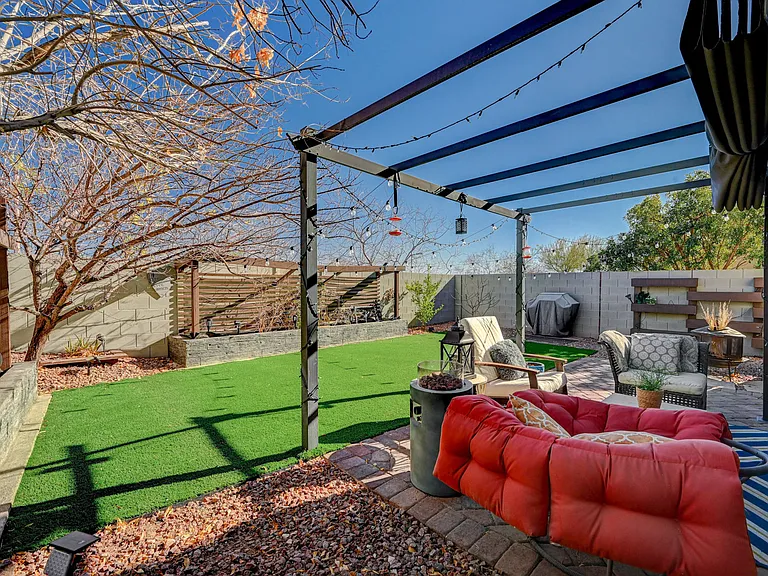 Backyard with gazebo and planter boxes