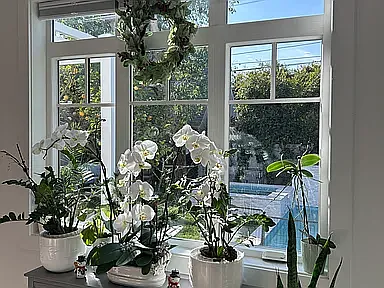 Kitchen window, view to backyard and pool