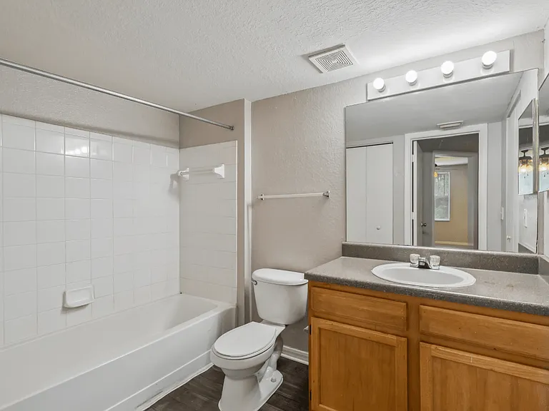 Bathroom with oversized vanity, large mirror, full bathtub and shower combination in a 1-bedroom apartment at Gregory Cove in Jacksonville, FL.