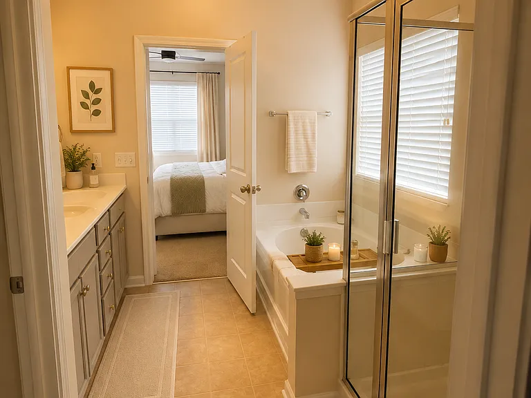 Master bath with shower/tub, double sink, walk in closet, and enclosed toilet for privacy