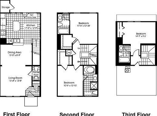 Floor plans, 3 stories 3 bedrooms and 3 and half bathrooms