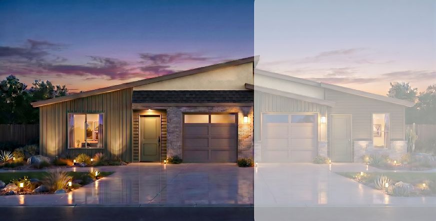 A modern single-story duplex house at dusk, with warm lights glowing inside and along the pathway, f