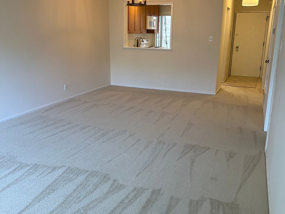 Large living room with new carpets and light fixtures.