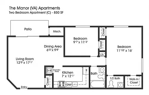 Floor plan Manor 2BR 1.5BA (850sf)