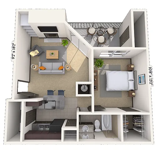 Floor plan Traditional 1x1 648-652 SF