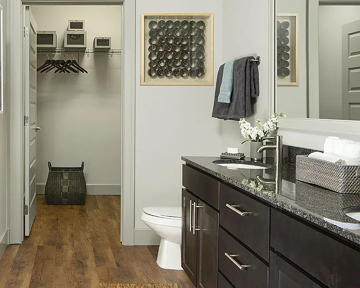 Apartment Bathroom with spacious closet, double sinks and hardwood flooring.