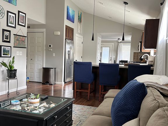 Vaulted ceilings with open concept.