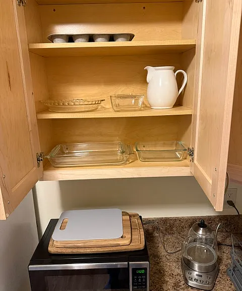 Microwave, hot water kettle, dishes, etc.
