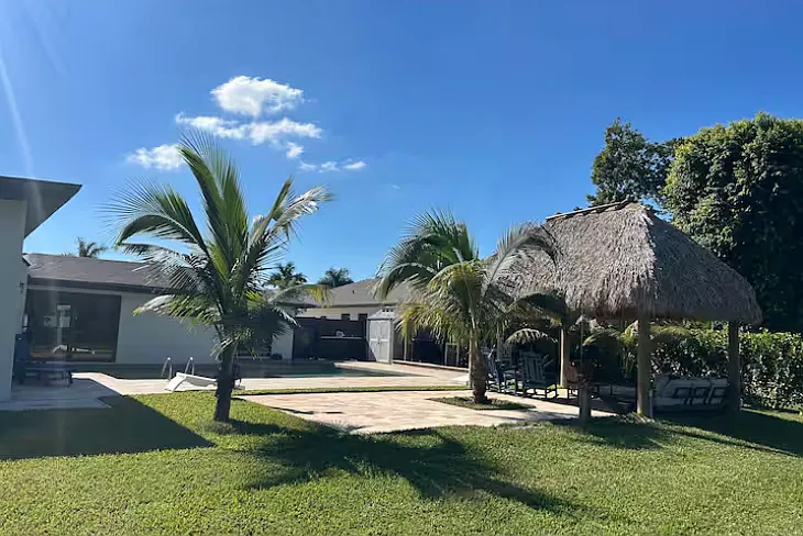 View from back yard pond and game area