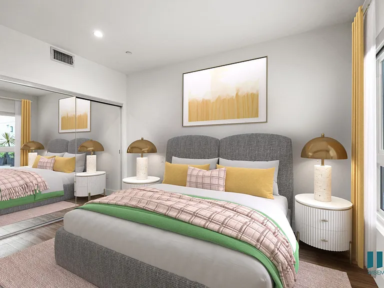 Bedroom with Large-Sixe Windows, Vinyl Flooring, and Mirrored Closet