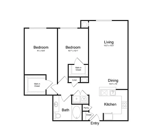 Floor plan Two Bedroom One Bath (1097 SF)