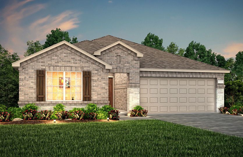 The Rayburn, a one-story home with 2-car garage, shown with Home Exterior Q Model representation