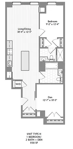 Floor plan 1-Bedroom 2-Bath w/ Den | 938 sqft