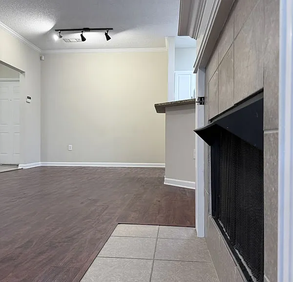Fireplace view of the living space.