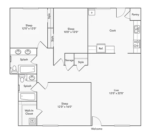 Floor plan 3 BR x 2 BA with Washer/Dryer