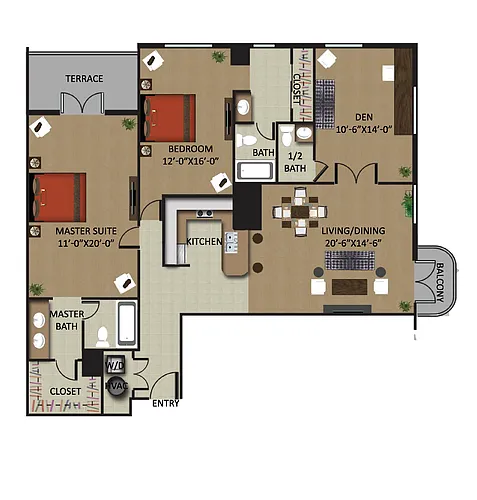 Floor plan Palm Tower 2/2.5 Den