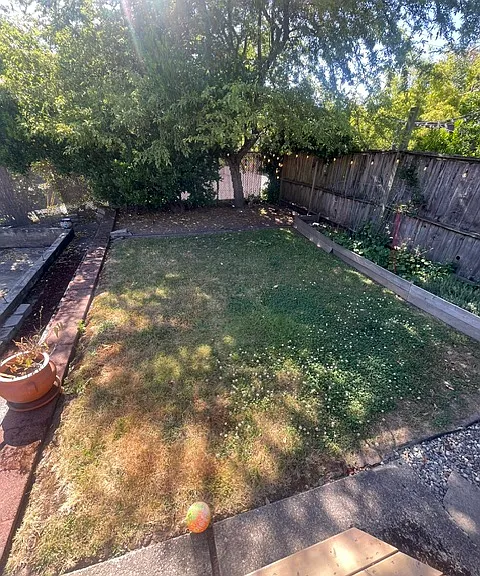 outdoor grass and raised bed garden.Fully fenced backyard.