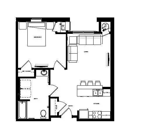 Floor plan 1 Bdrm 631 sqft