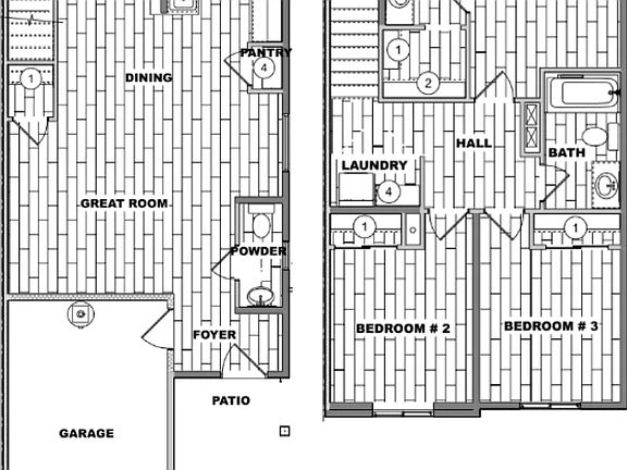 Black and white floor plan of a house with a garage, great room, dining area, kitchen, pantry, powde