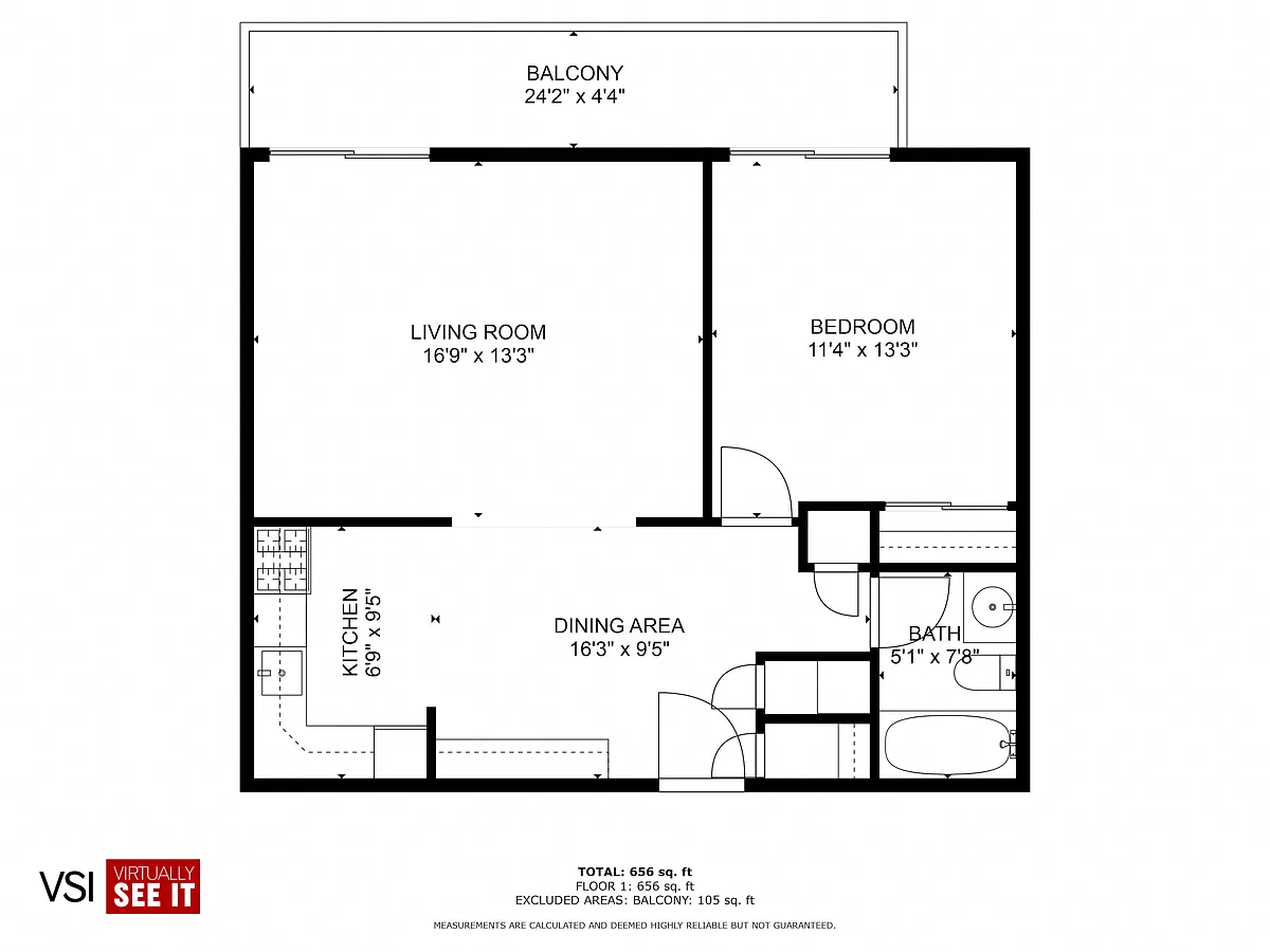 Floor plan 1 bedroom, 1 bathroom