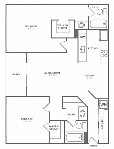 Floor plan Two Bedroom Two Bath (936 SF)
