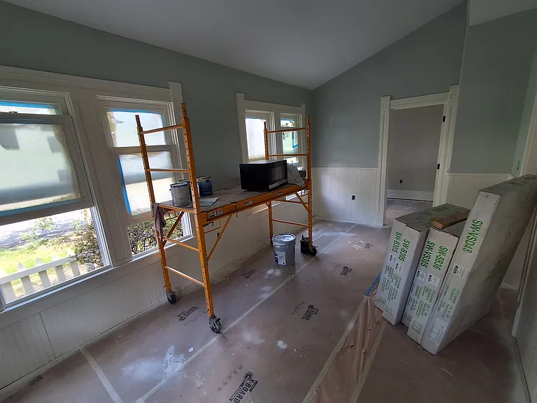 Getting so close! Dining room looking towards office. Charming, intimate, north and east facing space. July 22
