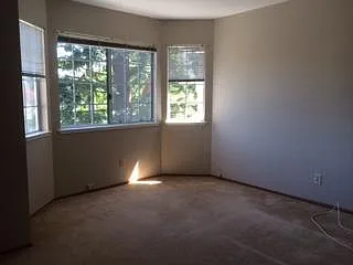 bedroom with bay window and beautiful view of tall trees/ lg mirror closet