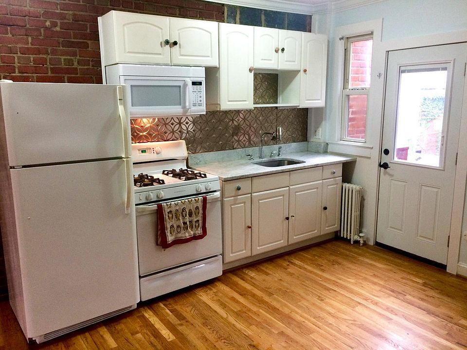 Kitchen with gas stove, water purifier, garbage disposal and rear door.