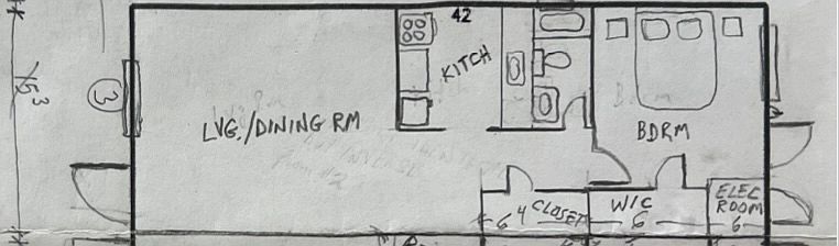 Floorplan, dimensions are 42' x 15.5' (approx.)