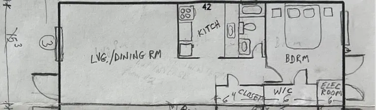 Floorplan, dimensions are 42' x 15.5' (approx.) - 710 NE 46th Ct #3