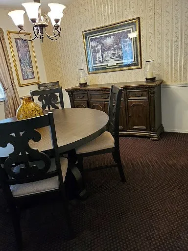 dining room furniture: table, 6 upholstered chairs, buffet cabinet, stainless steel silverware, carpet, drapes